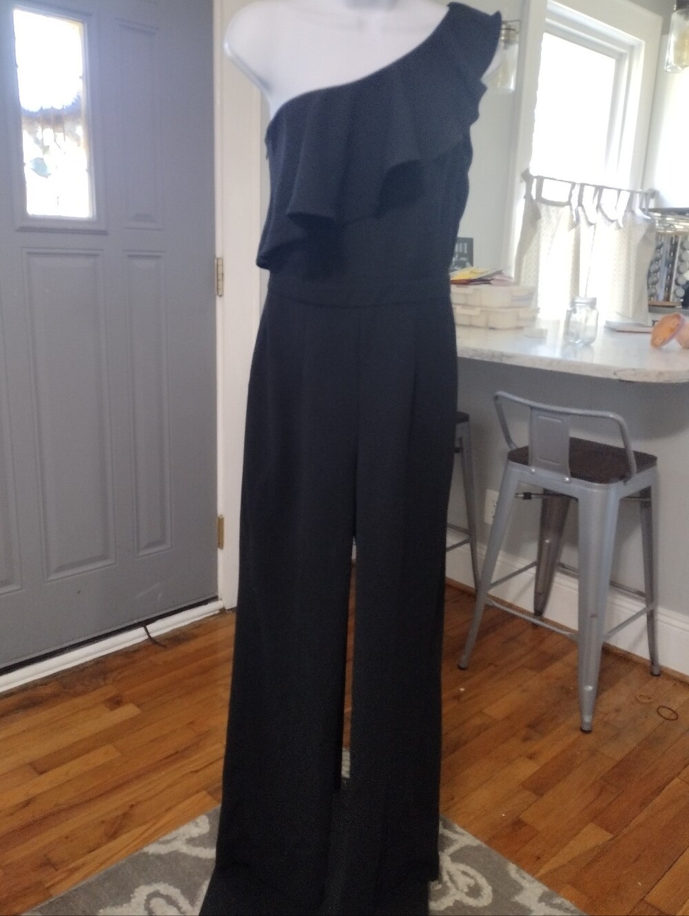 White House Black Market Black One-Shoulder Ruffle Wide-Leg Jumpsuit